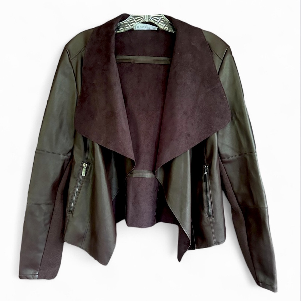 BAGATELLE Brown Burgundy Faux Leather Drape Jacket Velvety Trim Edgy Y2K | Sz S
